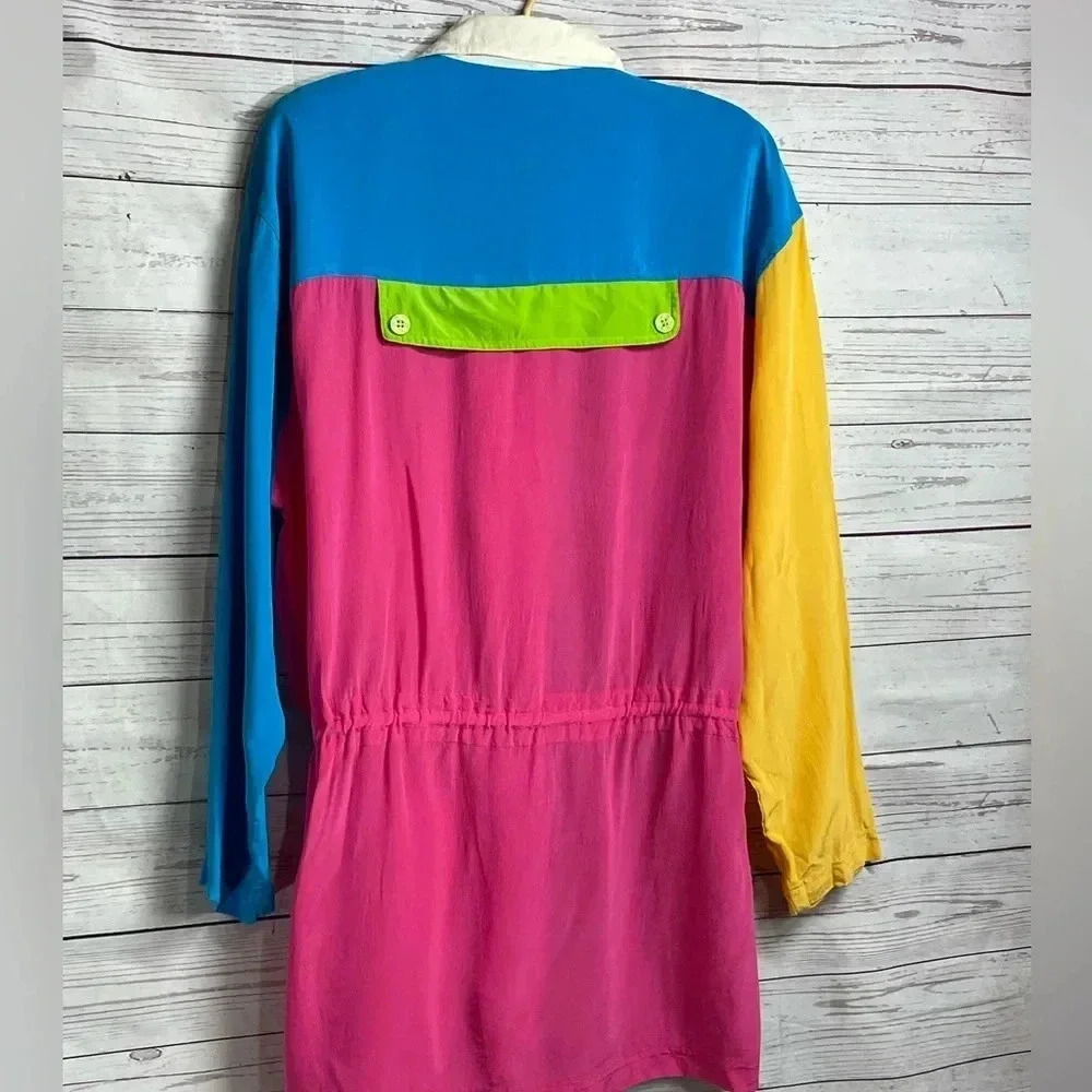 Lightweight Vintage Color block 3/4 Sleeve Silk Button Up Shirt Cinched Waist Sm - Picture 14 of 15